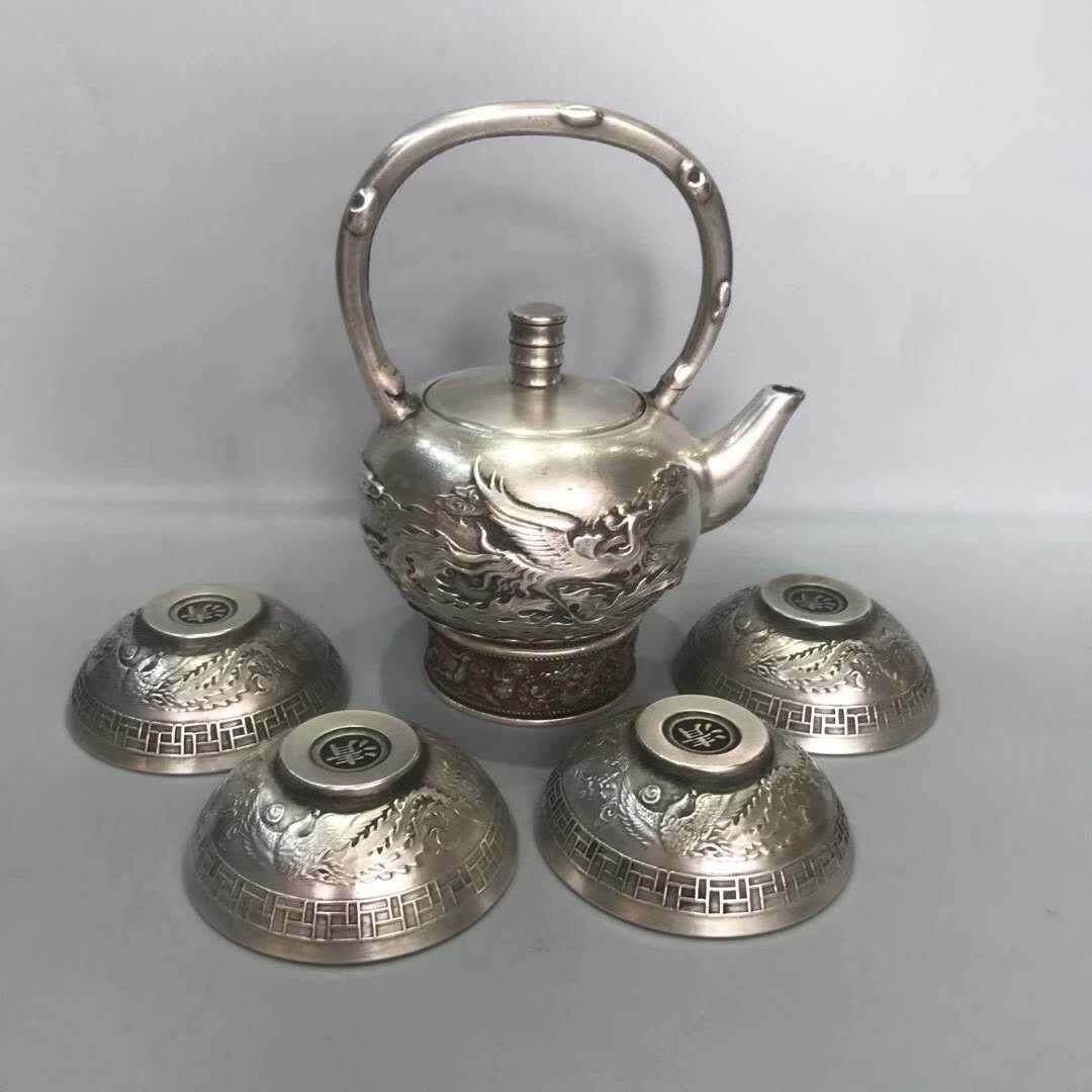 古玩杂项复古做旧老白铜镀银打造茶杯茶壶一套