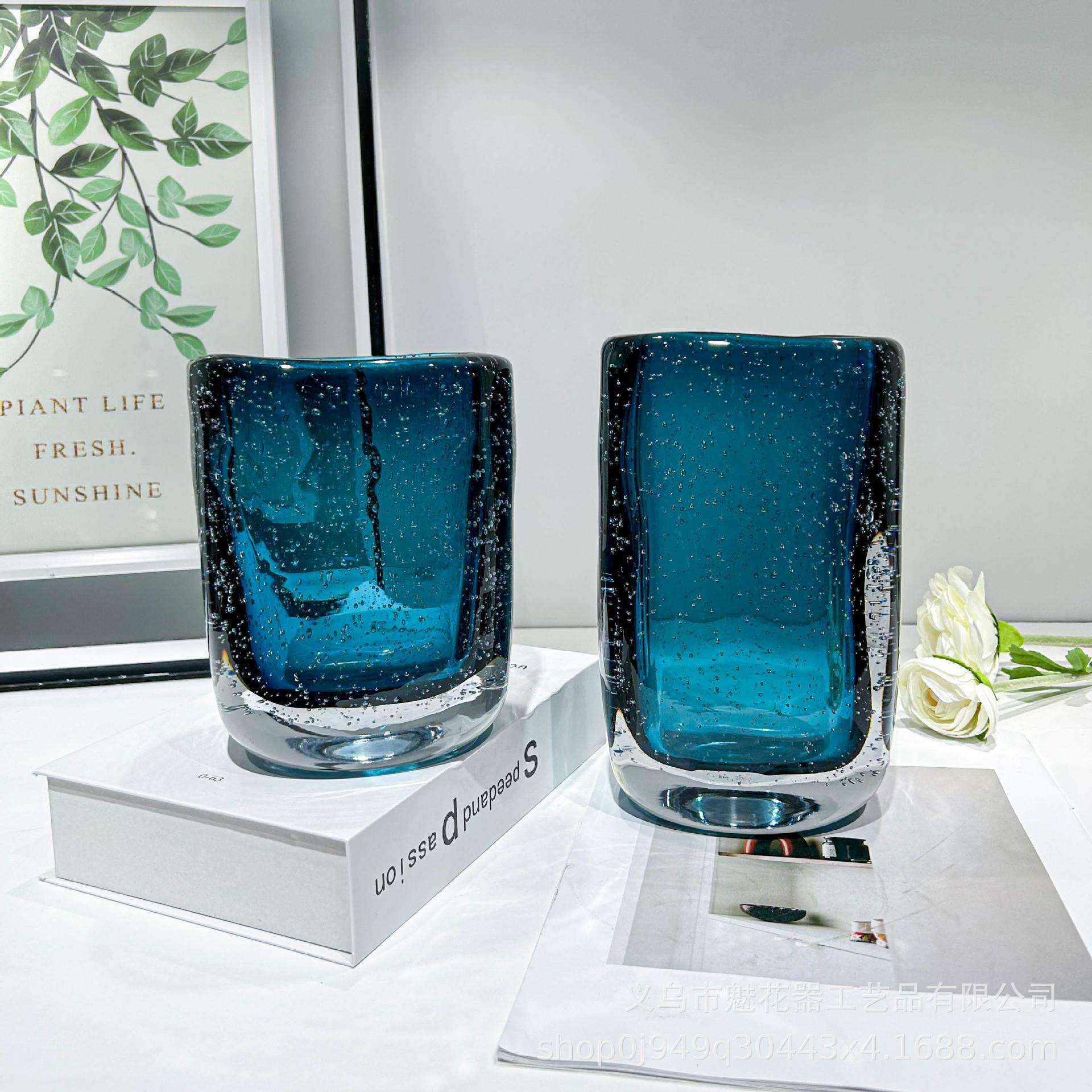 高档轻奢蓝色水晶气泡花瓶摆件客厅插花创意玻璃创意透明餐桌花瓶