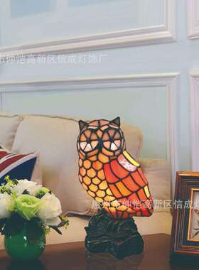 外贸跨境蒂凡尼橙色猫头鹰台灯红色喜庆灯酒吧餐桌书房婚房氛围灯