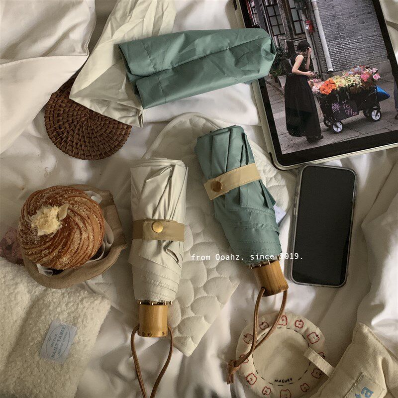 禅系风~品质款五折晴雨伞金胶遮阳伞 实木竹节P手柄防晒伞小巧便