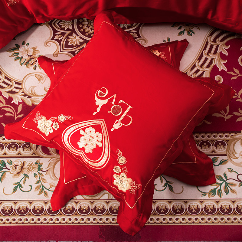 结婚大红色纯棉抱枕靠垫套60x60刺绣全棉靠枕套50Rx50喜庆一对方