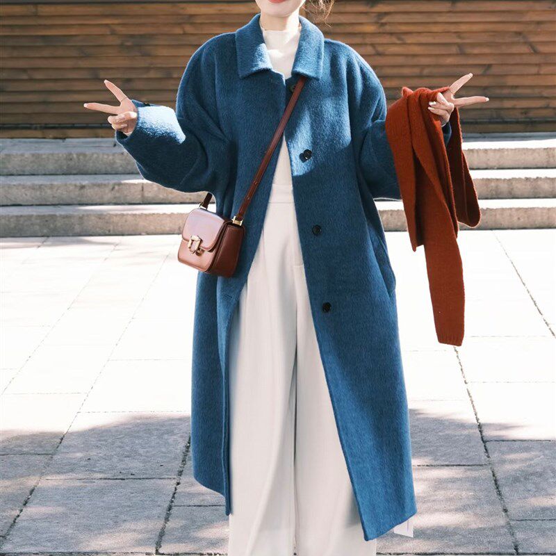 韩系蓝色毛呢大衣女秋冬装新款中长款小个K子宽松显瘦百搭呢子大