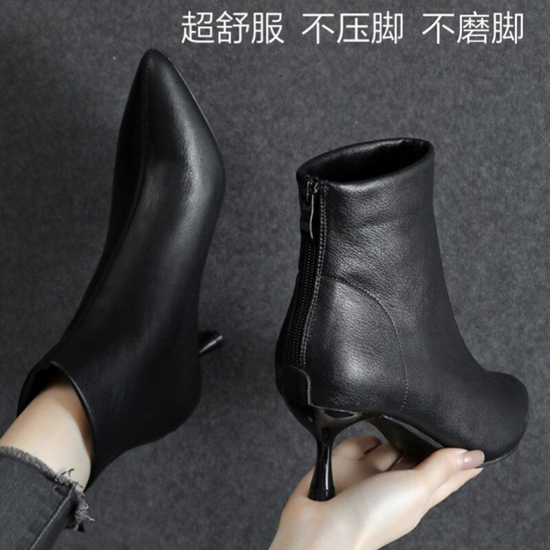 工作鞋女短靴工装鞋细跟尖头高跟鞋大码宽空姐职业工鞋女黑色秋冬