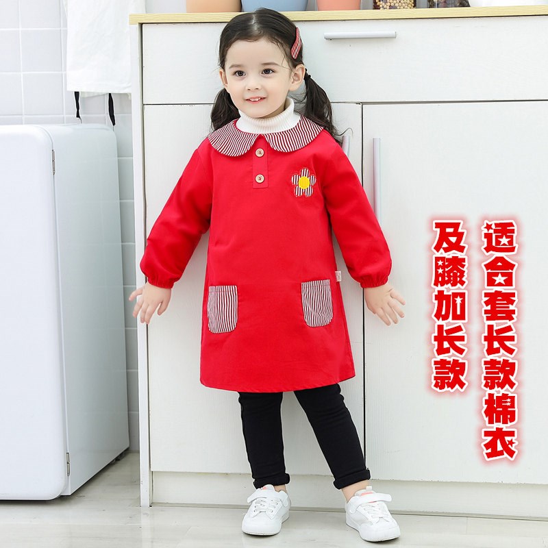 中长款大a码及膝女宝宝罩衣红灯芯绒秋冬加长款婴儿童反穿衣吃饭