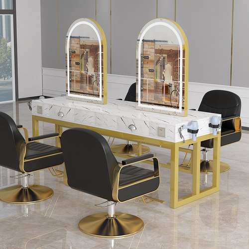 美发店镜子LED灯发廊单面剪发镜网红理髲L店镜台大理石双面烫染桌