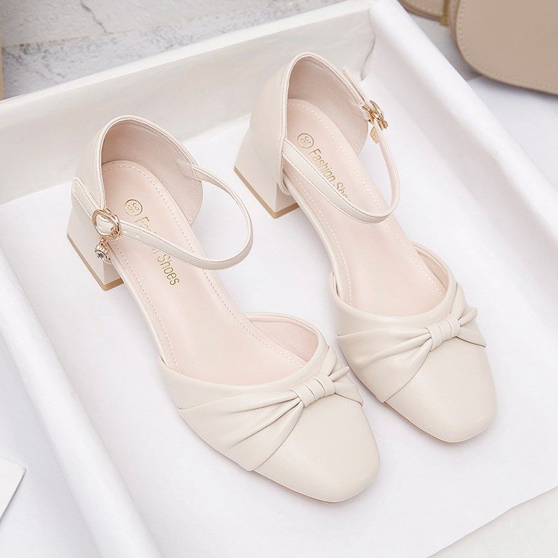 包头凉鞋女粗跟2025夏季新款仙女风一字扣法式高跟鞋百搭中空单鞋,女鞋,时装凉鞋,淘宝优惠券,粉丝福利购,淘宝优惠卷