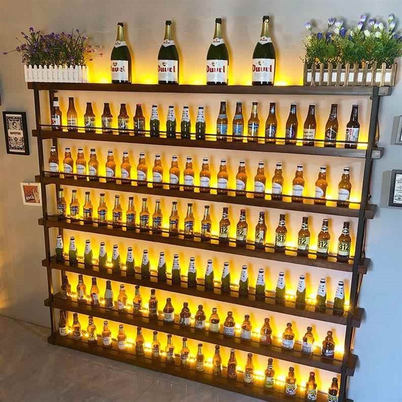 酒吧餐厅铁艺隔断酒架装饰吧台壁挂实木发光红酒啤酒柜置物展示架