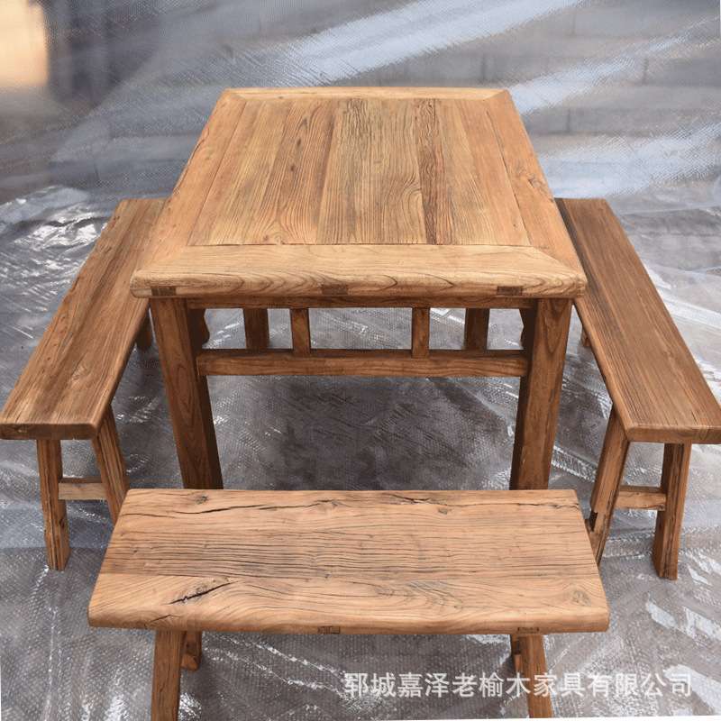 老榆木八仙桌方桌餐桌茶桌长条椅子实木桌复古风化禅意茶桌长条凳