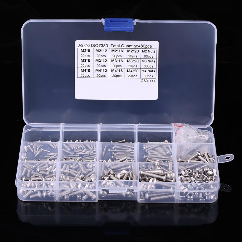 跨境 480pcs M2/M3/M4 A2-70 ISO7380 盘头内六角螺丝配螺母