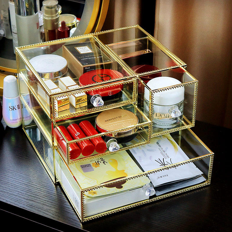 化妆品收纳盒桌面收纳抽屉式防尘多格口红护肤面膜整理架欧式