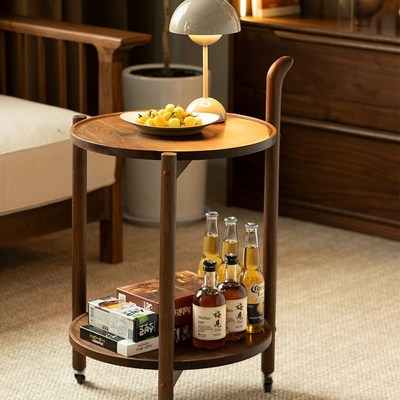 圆形茶几小户型黑胡桃木客厅边桌小茶几可移动沙发边几阳台小茶桌