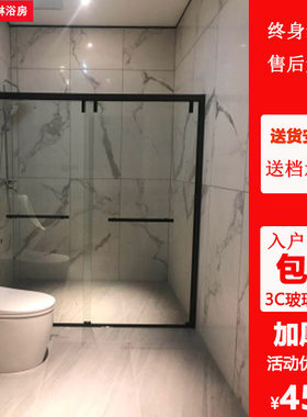 一字形不锈钢淋浴房整体r浴室干湿分离玻璃防爆移动推拉隔断门常