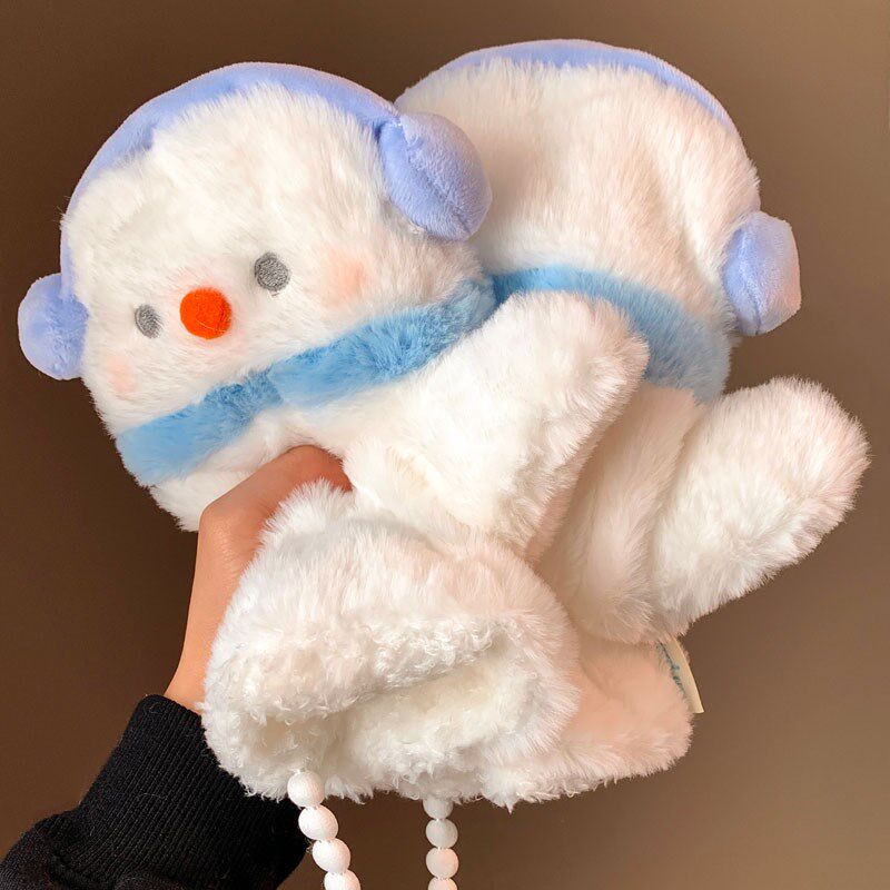 可爱音乐雪人毛绒连指手套女冬季加绒加厚保暖骑行车挂脖2024新款