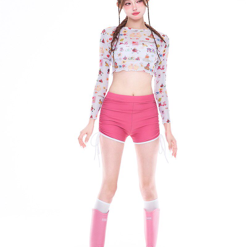 日係新款卡c通图案长袖网衫抽绳露腰平角分体三件套泳衣女甜辣女