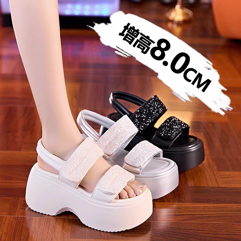 小个子8cm厚底增高一字带凉鞋女202G5年夏季新款水钻魔术贴沙滩鞋