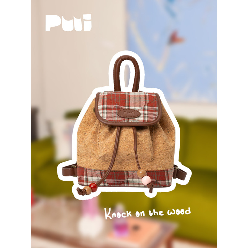 Puui原创生活双肩包复古木纹抽绳束口包学院风ins翻盖背包手提包