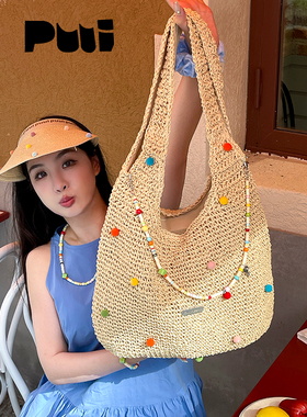 Puui原创生活夏日彩色大容量草编包海滩度假编织包小众ins单肩包