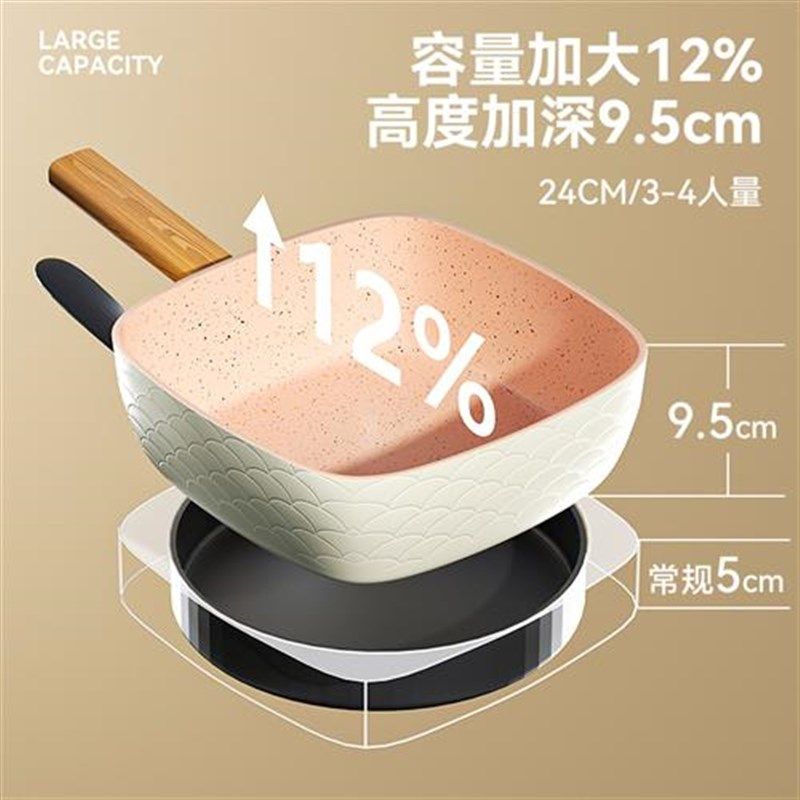 平底锅家用不粘锅麦饭石方形深型深口不沾煎炒两用小炒锅加深煎锅