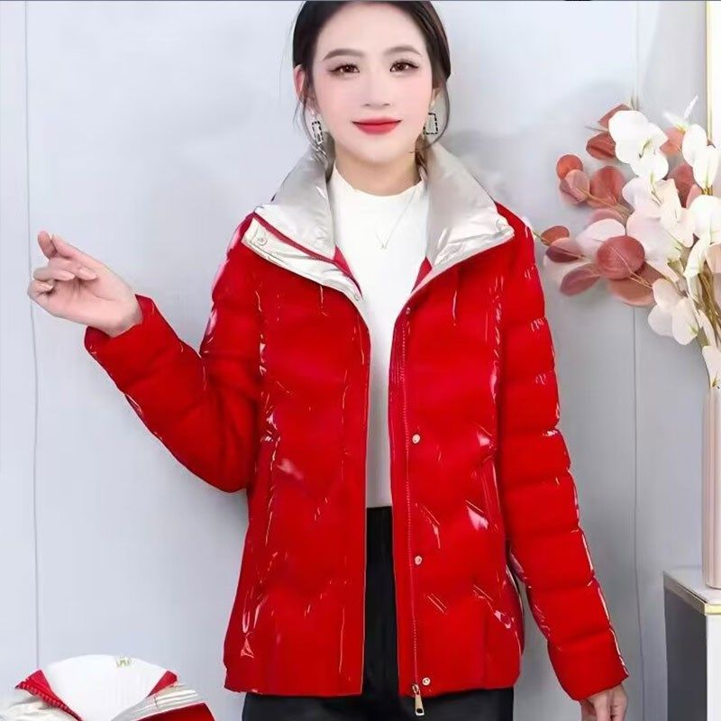 小个子棉衣女短款时尚宽松v羽绒棉服冬季加厚炫彩免洗亮面保暖棉