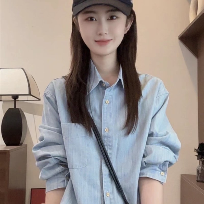 2024年秋装新j款小个子学院风短款牛仔衬衫女设计感小众宽松衬衣