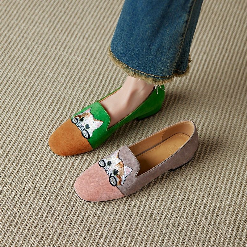 2025年新款羊反绒春秋季可爱猫咪刺绣软底国风低跟豆豆鞋女单鞋,女鞋,乐福鞋（豆豆鞋）,淘宝优惠券,粉丝福利购,淘宝优惠卷