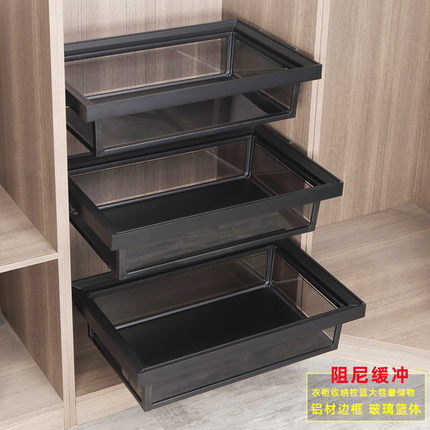 衣柜拉篮抽屉式衣帽间内置收纳玻璃储物篮置物架伸缩裤架滑轨配件