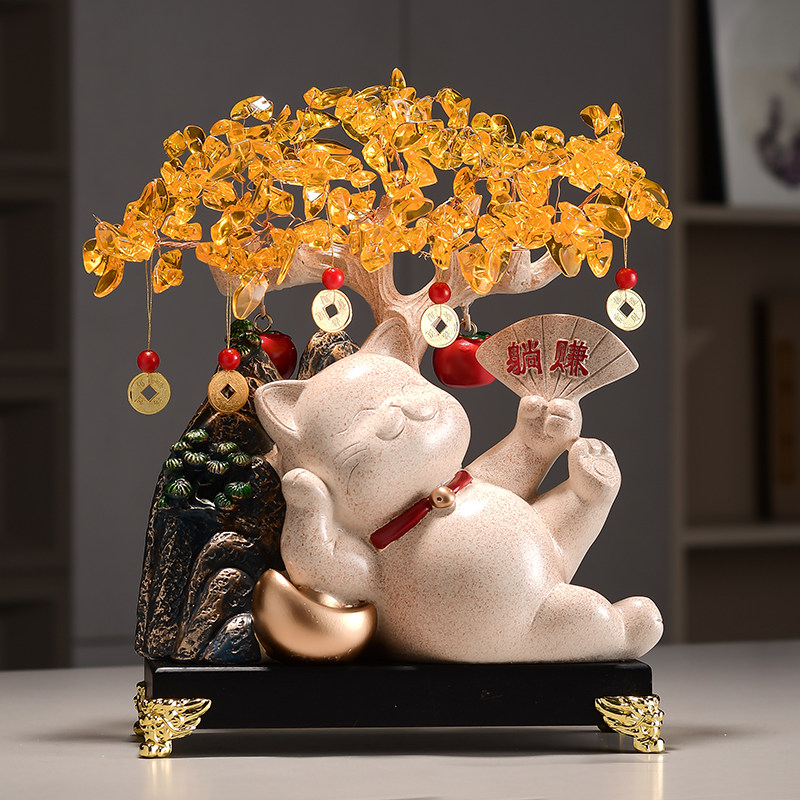 高档办公室桌f面躺赚猫摇钱树招财摆件实体店开业收银台前台装饰