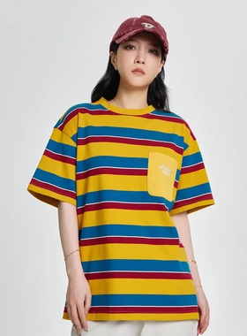 撞色美式设计口袋刺绣条纹休闲宽松慵懒减龄潮牌落肩情侣款短袖