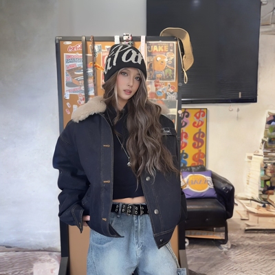 可脱卸毛领牛仔保暖男女棉服