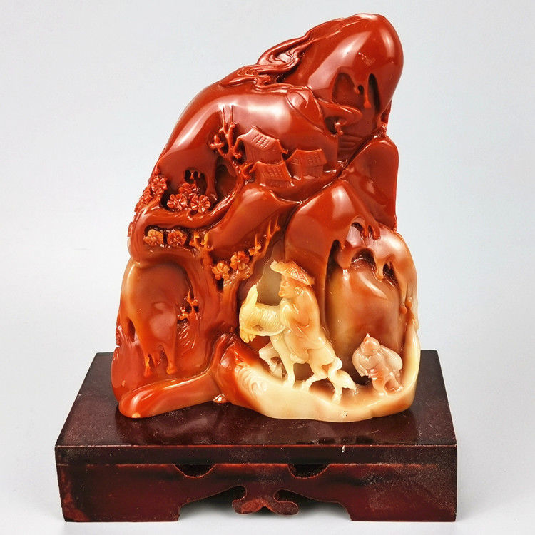 福建寿山石雕芙蓉石踏雪r寻梅摆件玉石原石家居装饰摆件奇石观赏