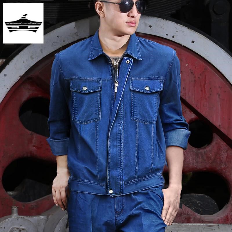 牛仔工作服套装男夏季纯r棉长袖劳保服薄款汽修服工地车间厂服定
