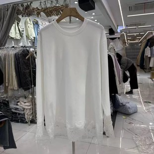 2025春d季新款蕾丝边磨毛白色T恤女长袖宽松中长款屁帘体恤打底衫