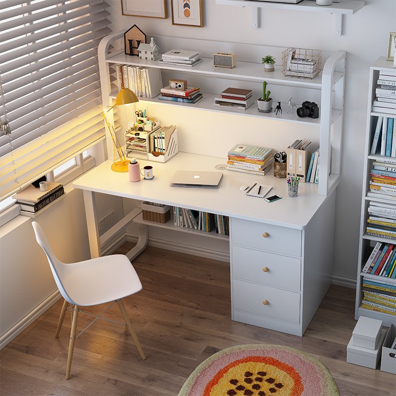 电脑台式桌学习书桌书架一体组合A家用简约卧室带抽屉办公写字桌