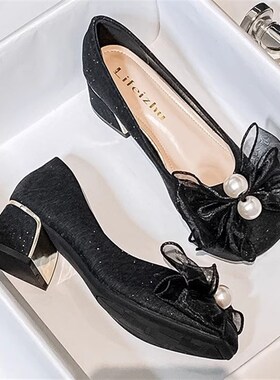 法式百搭粗跟中跟单鞋女q2025年新款春秋爆款晚晚鞋大码女鞋414