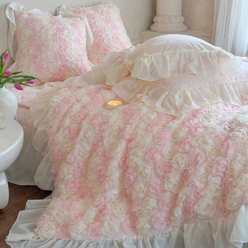 法式少女心全棉四件套浪漫立体玫瑰花边被套纯棉床单床盖粉色床品,床上用品,床品套件/四件套/多件套,淘宝优惠券,粉丝福利购,淘宝优惠卷