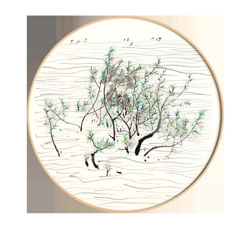 吴冠中新中式客厅装饰画圆形水墨画书房卧室风景挂画走廊玄关壁画