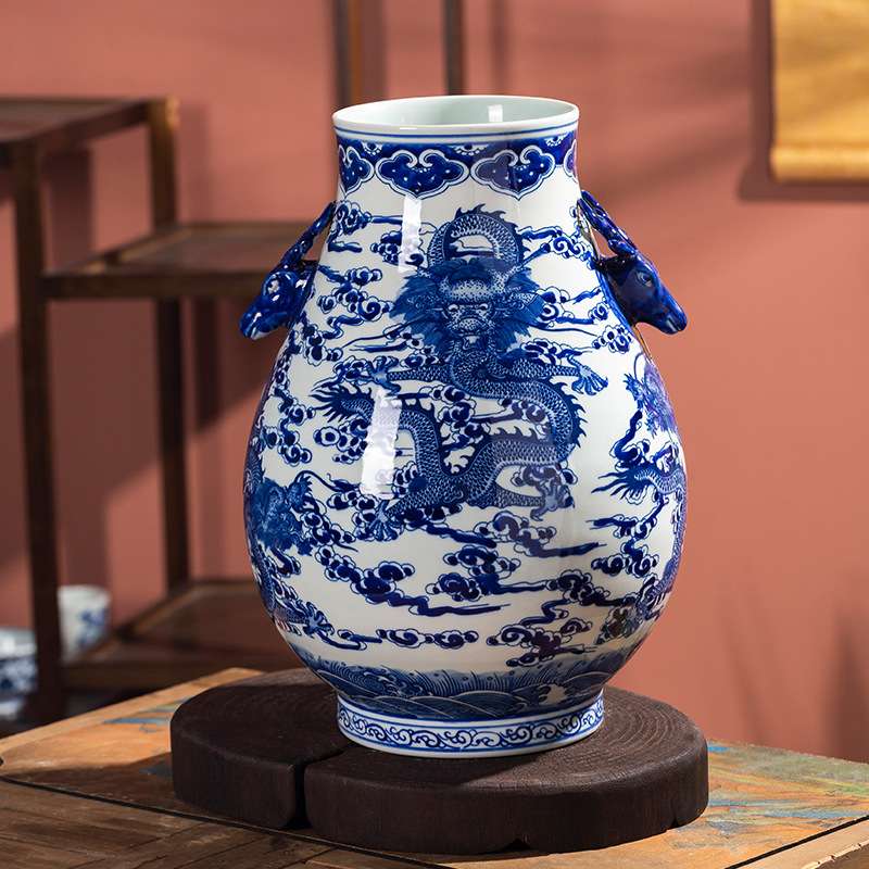 手工双耳青花缠枝莲龙纹花瓶陶瓷花瓶摆件装饰品青花瓷高档仿古瓷