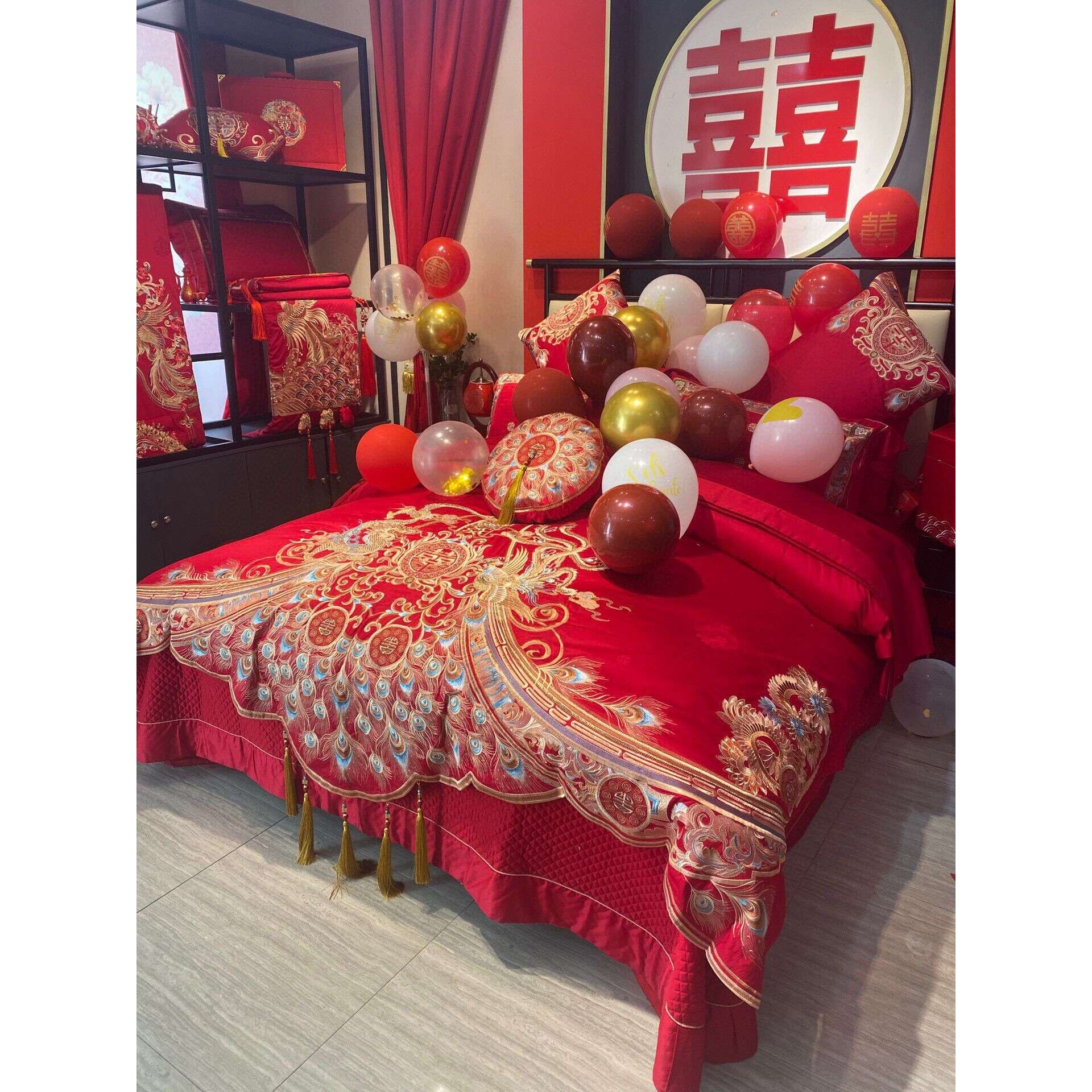 婚庆四件套大红色床单全棉龙凤绣花喜被套贡缎婚房提花结婚床上用