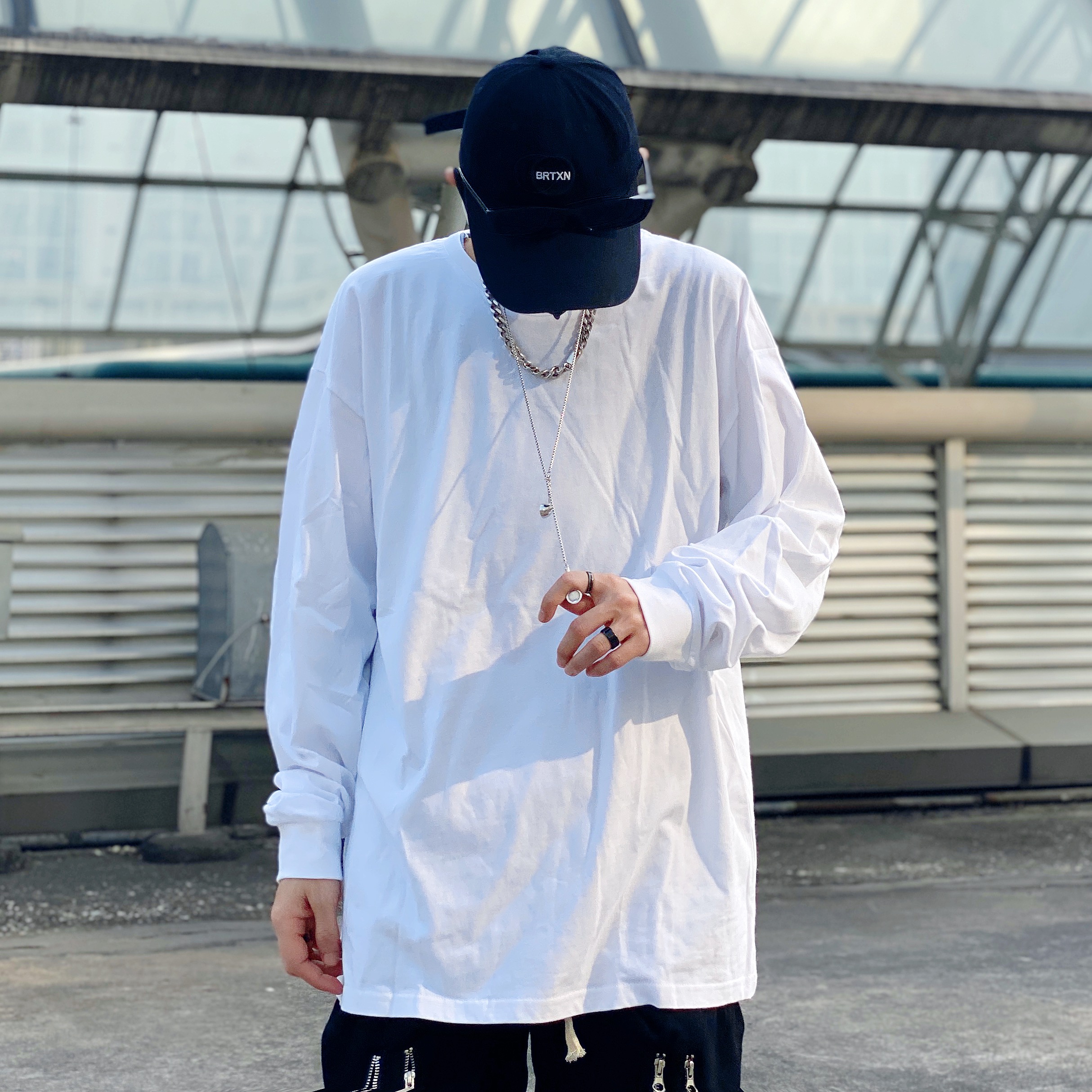 基础款纯色白色加长打底衫长袖T恤百搭圆领宽松男女可定制DIY