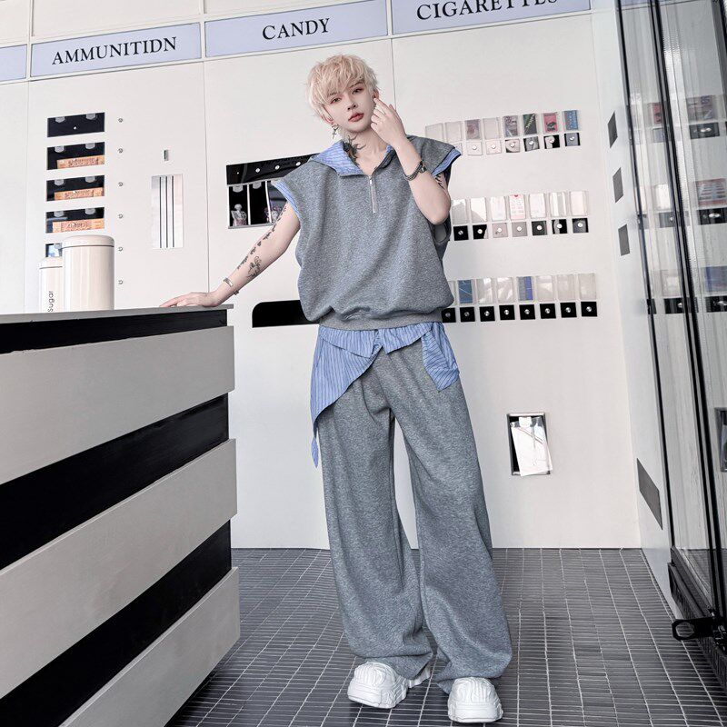 夏季韩国小众条纹衬衫拼接连帽马甲套装男设计感阔腿长裤两件套潮,男装,时尚套装,淘宝优惠券,粉丝福利购,淘宝优惠卷