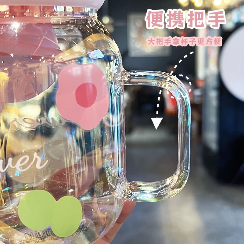 玻璃水杯2024新款女高颜值办公室水杯茶水分离便携带把手吸管杯子