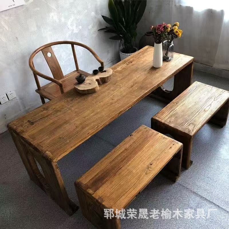 新中式老榆木茶桌椅组合风化老门板办公室泡茶台家用禅意书桌长桌