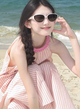 多巴胺可盐可甜粉色条纹套装女202C4夏季挂脖衬衫阔腿裤裙两件套