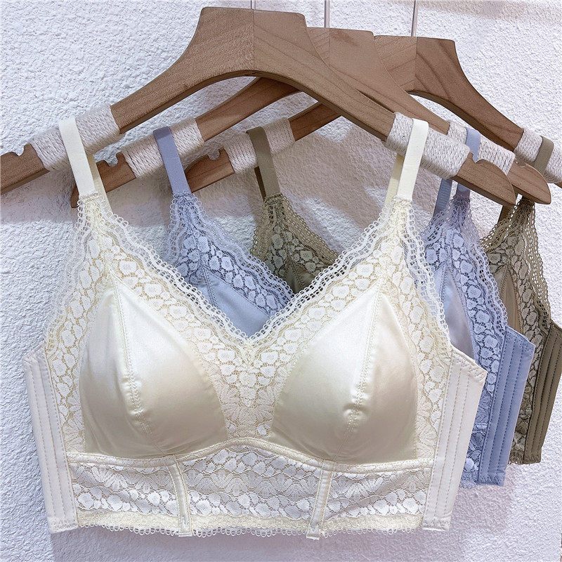 法式浪漫蕾丝缎面美背文胸侧收副B乳聚拢无钢圈内衣防下垂女士胸