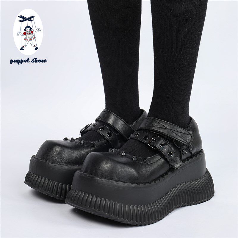 puppet shjow【夏季】小众设计铆钉玛丽珍增高小皮鞋7cm夏季厚底