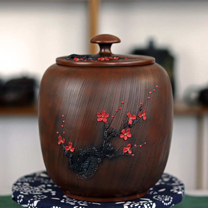 云南建水紫陶全手工梅花茶叶罐普洱茶存茶缸小R号储存罐饼茶醒茶
