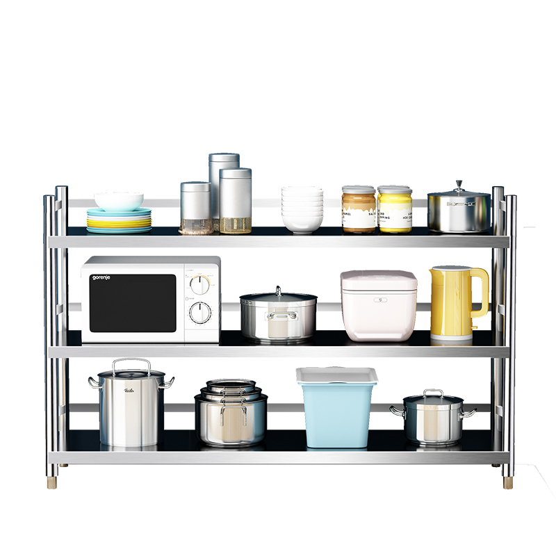 货架304锅架3o4三层厨房不锈钢置物架收纳微波炉落地带围栏储物架