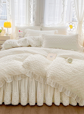 纯色A类夹棉被套单件高级感公主花边四件套加厚双人200xX230cm被