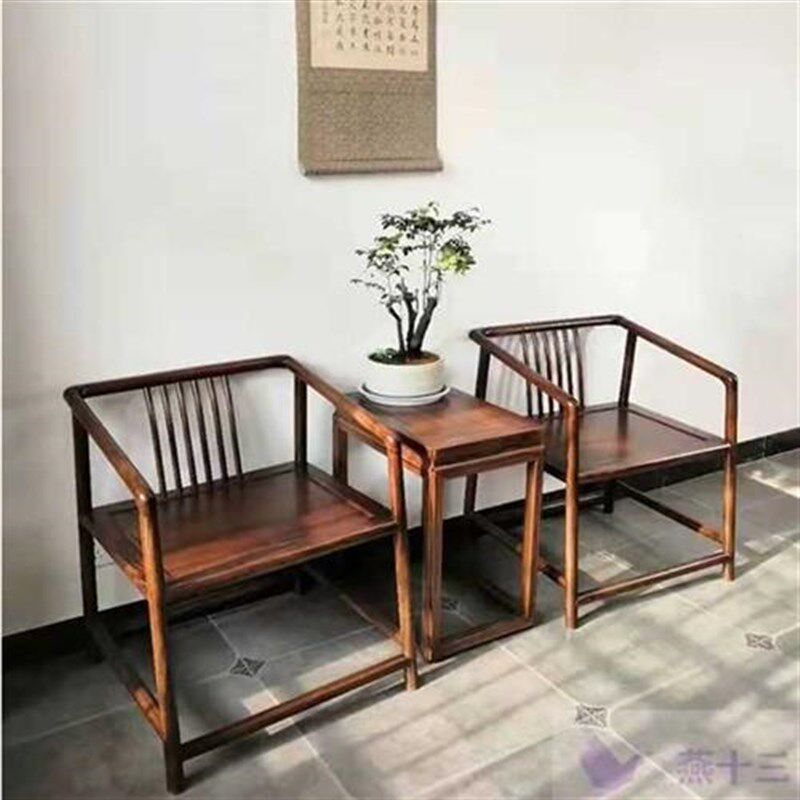 新款新中式茶椅梳背椅客椅围椅太师椅北榆木仿古圈椅三件套海棠椅