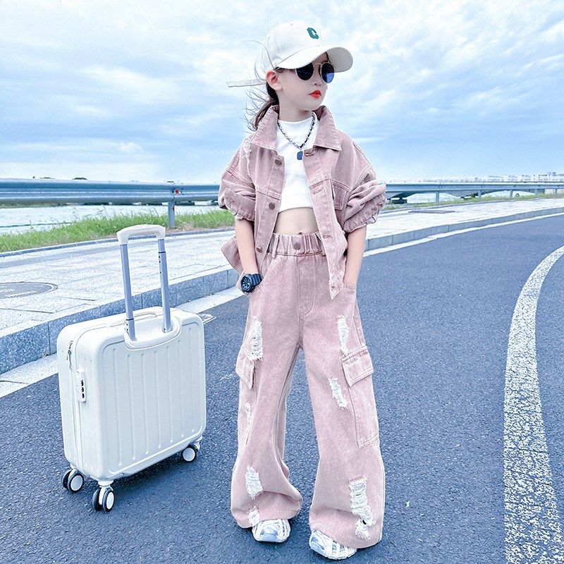 女大童春秋装牛仔套装2024新款儿童洋气炸街韩版工装阔腿裤两件套
